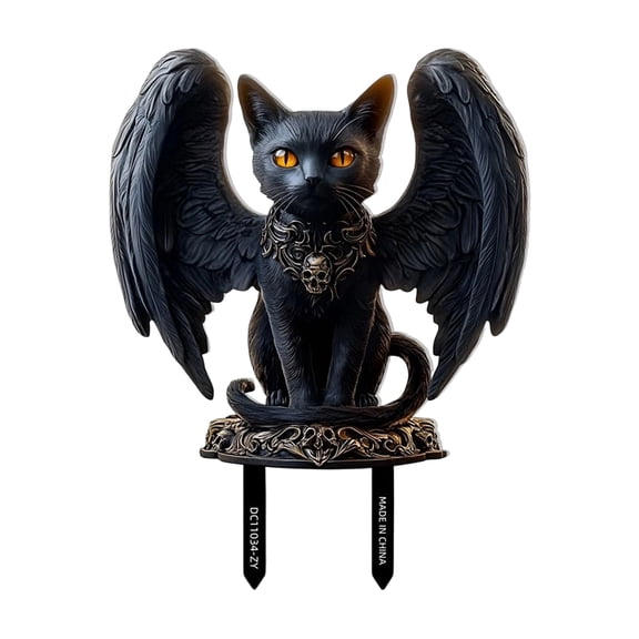 Gothic Black Cat With Wings Yard Stake Ornament, Halloween Outdoor Garden Ground Plug Decor, Mystical Winged Cat Figurine Stake for Lawn Patio Halloween Party Decor