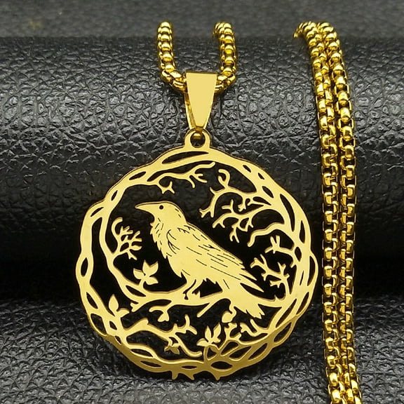 Gothic Black Crow Tree Of Life Bird Pendant Necklace For Women Men 14K Yellow Gold Hip Hop Raven Animal Plant Jewelry Party Gift