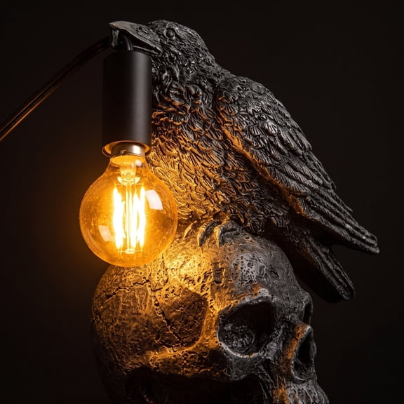 Gothic Black Crow on Skull Decorative Lamp, Realistic Raven Perched on Carved Skull Statue with Vintage LED Bulb, Spooky HAUNTEDY HOUSE Nightlight