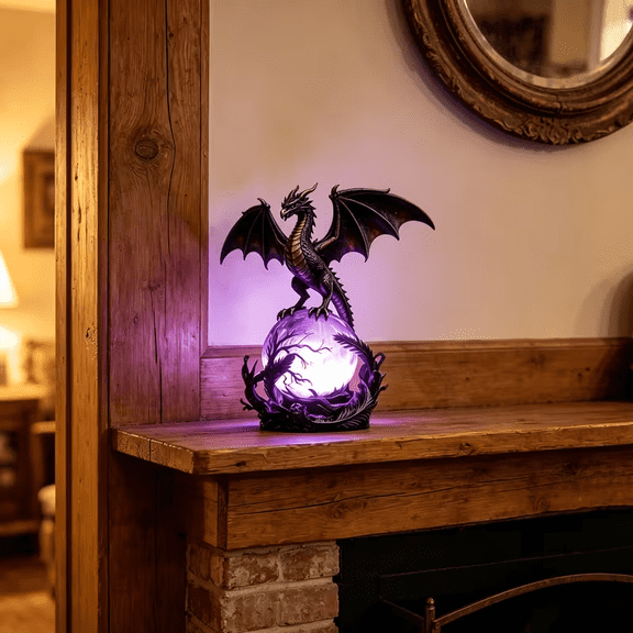 Gothic Black Dragon Statue Light-Up Purple Crystal Resin Figurine USB Powered, Medieval