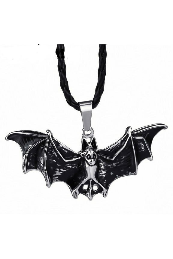 Gothic Black Flying Bat Pendant Necklace, Retro Vampire Jewelry for Men, Halloween Leather Cord, Punk Animal Accessory
