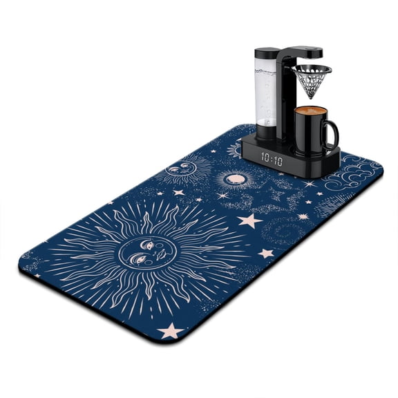 Gothic Black and Gold Moon Coffee Maker Mat - Mystical Moon and Starry Sky Absorbent Pad - Multi-Functional Coffee Station Mat - Steampunk Astronomy Theme