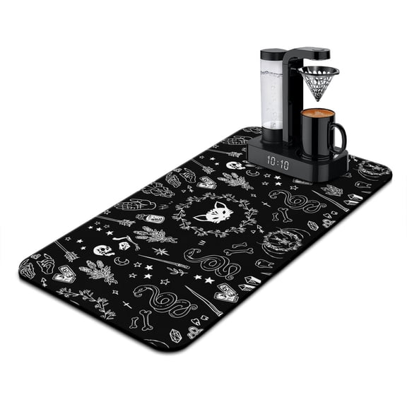 Gothic Black and Gold Moon Coffee Station Mat - Vintage Steampunk Astronomy Absorbent Pad - Multi-Functional Coffee Bar Mat - Boho Chic Sunburst Design