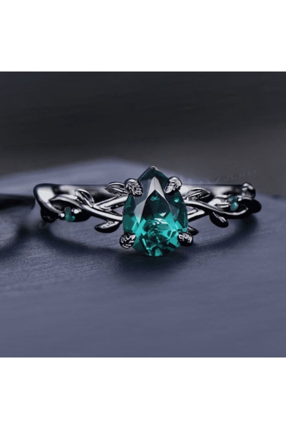 Gothic Black Gold Pear Emerald Engagement Ring Vintage Promise Ring Leaf Art Deco Ring Unique Gemstone Handmade Jewelry Gifts For Women