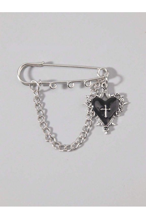 Gothic Black Heart Lapel Pin With Chain And Cross Charm