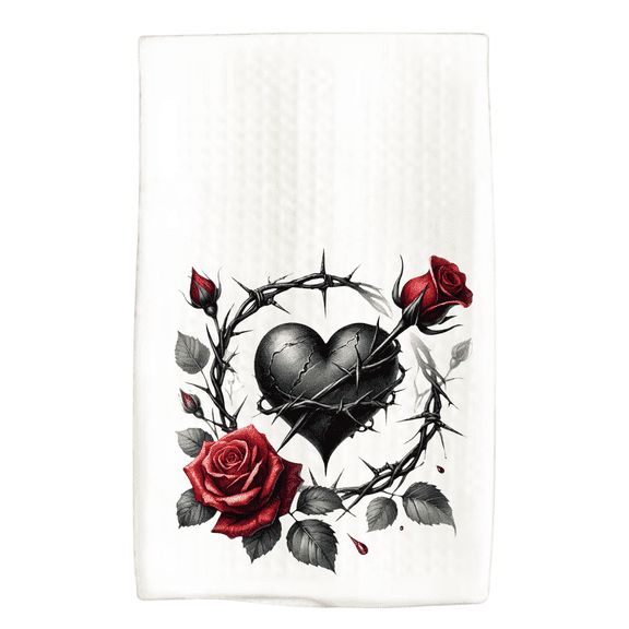 Gothic Black Heart Red Rose Kitchen Dish Towel, 16 x 24, Dark Romantic Dcor