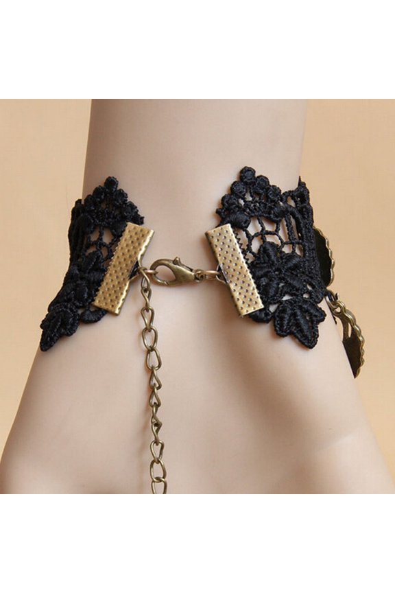 Gothic Black Lace Bracelet Adjustable Alloy Chain Ring Night Out Statement Jewelry Gift for Her