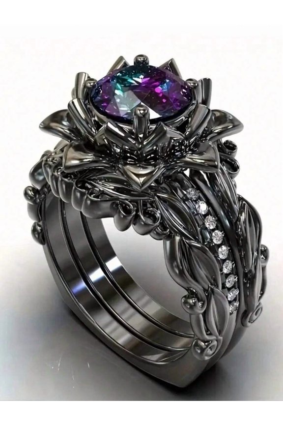 Gothic Black Leaf & Flower 3-Piece Ring Set With Rainbow Cubic Zirconia, Color 9