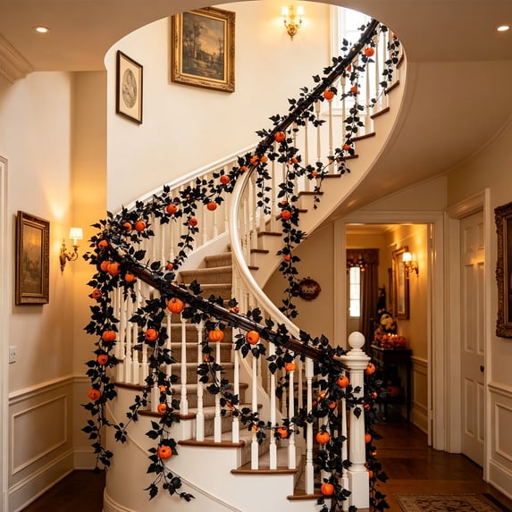 Gothic Black Maple Leaf Garland with Skeleton Hand & Pumpkin, 78.7" Flexible Vine Hanging Spooky Decor for Mantel Wall Halloween Party Props