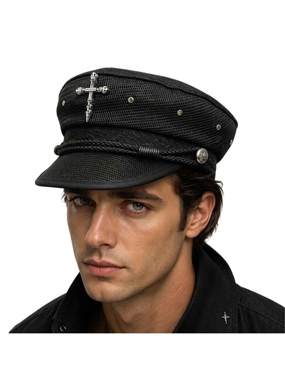 Gothic Black Mesh Captain Hat, Unisex Punk Military Style Newsboy Cap with Silver Cross Retro Biker Sailor Hat For Streetwear