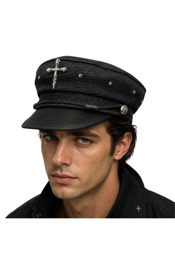 Gothic Black Mesh Captain Hat, Unisex Punk Military Style Newsboy Cap with Silver Cross Retro Biker Sailor Hat For Streetwear