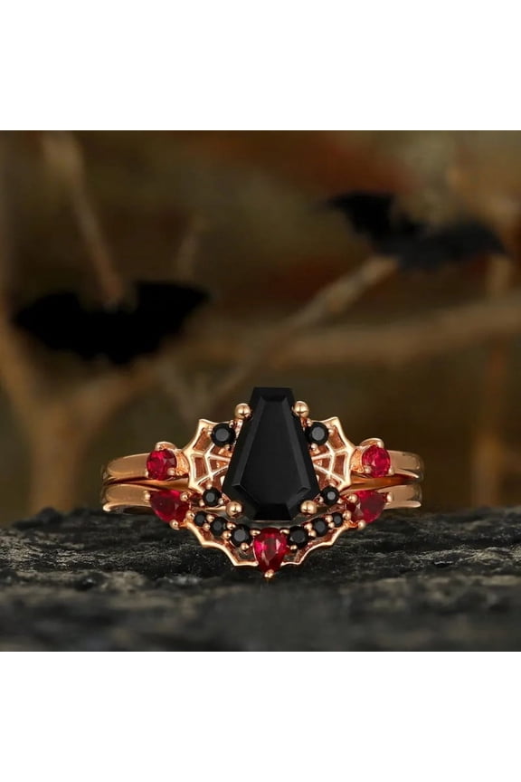 Gothic Black Onyx & Ruby Spider Web Ring Set – Curved Stacking Band in 14K Rose Gold Vermeil | Alternative Bridal Jewelry for Her