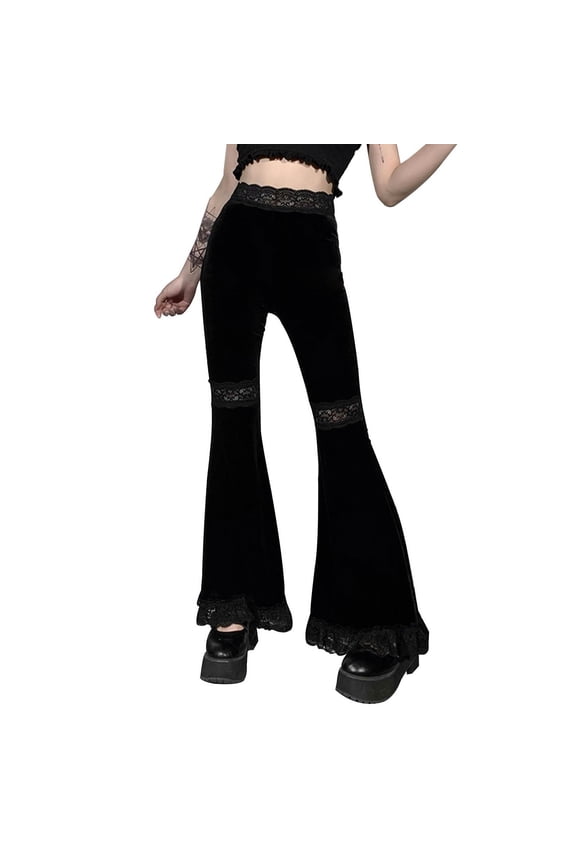 Gothic Black Pants Grunge Bottoms High Waisted Boho Hippie Pants (Black M)