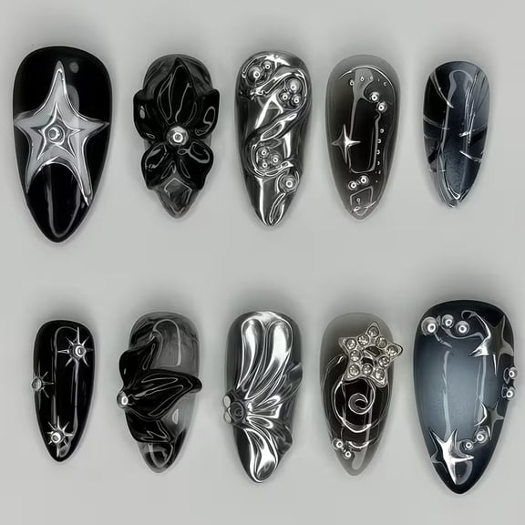 Gothic Black Press On Nails 10pcs 3D Silver Star Chrome Swirl Fake Nails