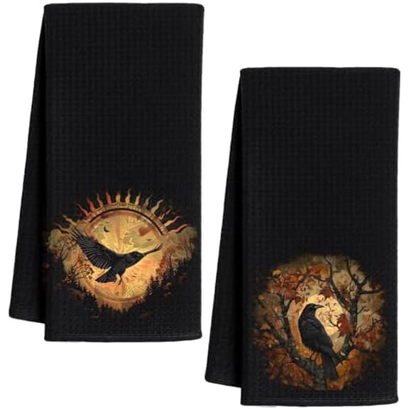 Gothic Black Raven Kitchen Towels Set of 2, Dark Academia Medieval Dish Tea Towels for Kitchen, Goth Cottagecore Black Crow Hand Towels for Bathroom, Gothic Gifts for Women, 16x24 Inch