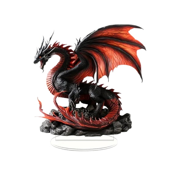 Gothic Black Red Acrylic Dragon Figurine with Clear Base, Fantasy Desktop Ornament Collectible for Home Office Bedroom Bookshelf Game Room Decor Gift