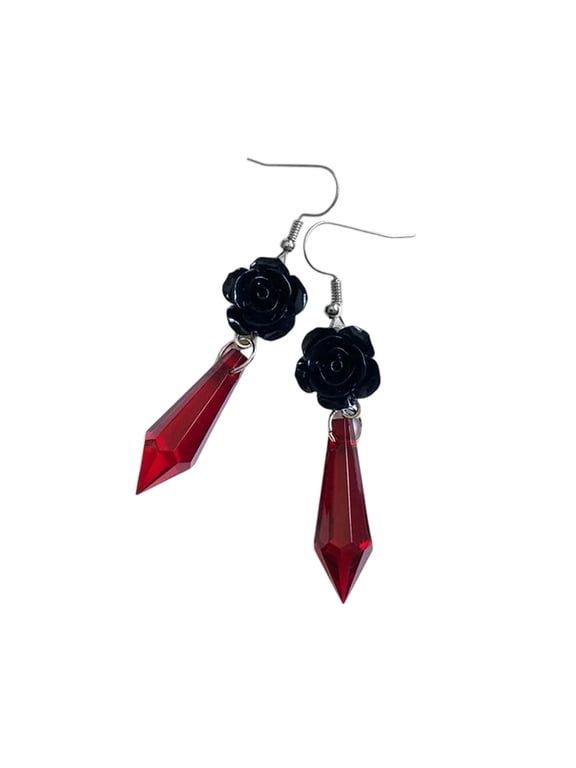 Gothic Black Rose Earrings for Women, Alloy Teardrop Dangle Earrings, Vintage Punk Red Black Flower Drop Earrings, Halloween Party Jewelry Accessories