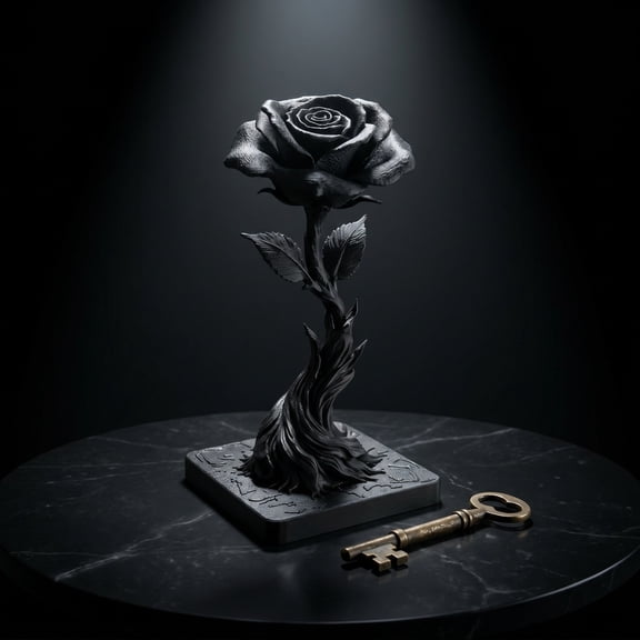 Gothic Black Rose Sculpture with Vintage Skeleton Key, Dark Romantic Table Decor Ornament for Halloween, Home Desktop, Gothic Weddings, and Unique Gift