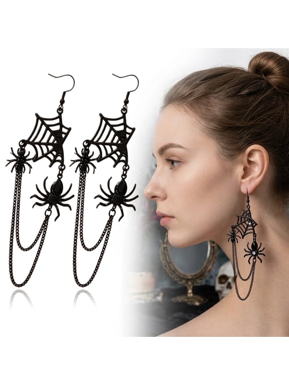 Gothic Black Spider Web Drop Earrings, Halloween Layered Chain Tassel Spider Dangle Earrings with Rhinestone Accent, Witch Vampire Costume Jewelry for Women, Spooky Punk Accessories 4.5in