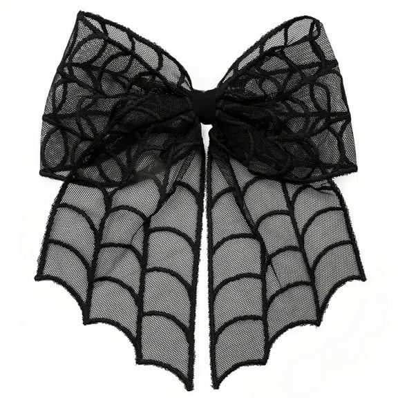Halloween Spider Web Lace Hair Bow, Large Gothic Hair Accessory for Women & Girls, Black Hair Clip