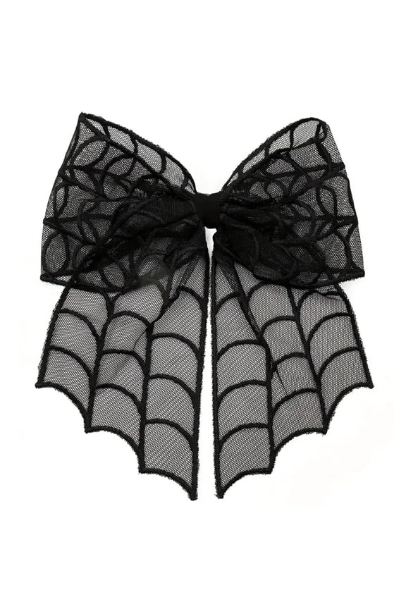 Halloween Spider Web Lace Hair Bow, Large Gothic Hair Accessory for Women & Girls, Black Hair Clip