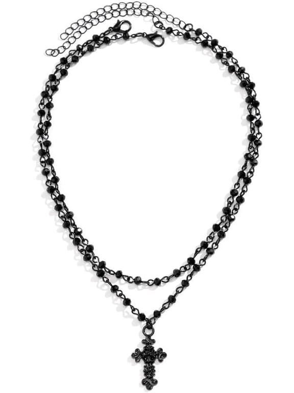 Gothic Black Star Cross Choker Necklace, Punk Grunge Alt Aesthetic Pendant Collar for Women Teens
