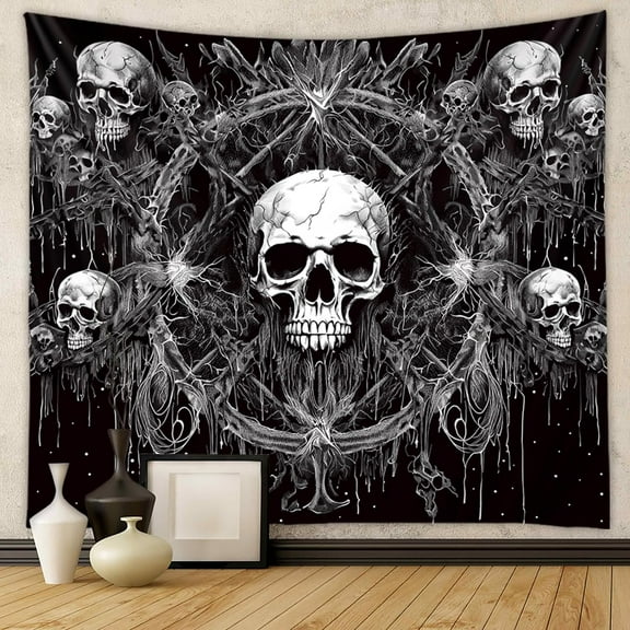 Gothic Black and White Skeleton Tapestry Wall Hanging Dark Horror Aesthetic Decor 60 x 50 Inches
