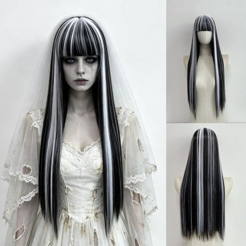 Gothic Black and White Wig, 29.5 Inch Long Synthetic Hair Wig with Blunt Bangs, Halloween Cosplay Costume Accessory for Women