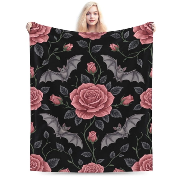 Gothic Blanket, Floral and Bat Flannel Throw Blanket, Soft Warm Lightweight Cozy Blanket for Bedroom, Sofa, Home Decor Gift for Women 50x40