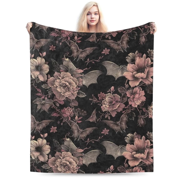 Gothic Blanket, Floral and Bat Flannel Throw Blankets 50x40