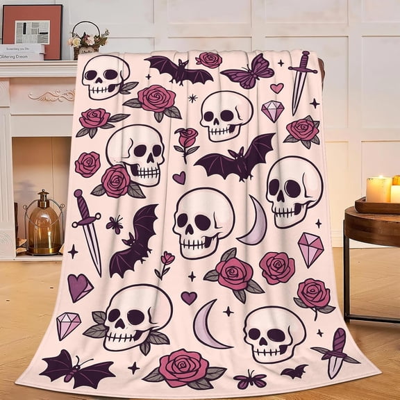 Gothic Blanket Skull Skeleton Rose Bat Blanket for Gothic Lover for Women Women Adults Cozy Fleece Fuzzy Soft Flannel Plush Warm Bedding Stuffed for Sofa Bed Couch 50 x 60 Inch