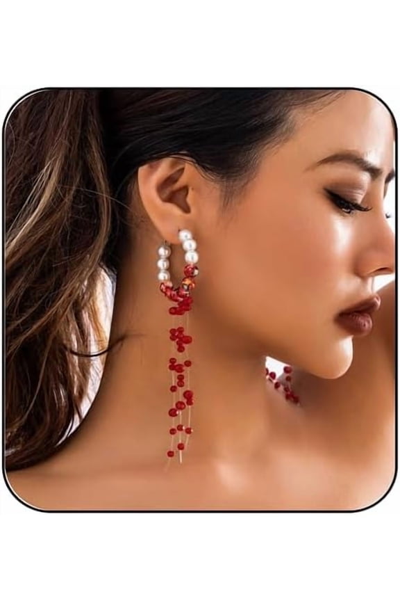 Gothic Blood Drop Pearl Earrings Vintage Pearl Long Tassel Dangle Drop Earrings Horror Vampire Earrings Punk Rock Style Earrings Y2k Grunge Earrings Halloween Cosplay Jewelry for Women