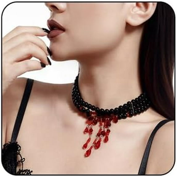 Gothic Blood Drop Pearl Necklace for Women Multi - Layer White Pearl Choker Red Crystal Tassels Dripping Blood Necklace Vampire Choker Necklace Vintage Punk Style Jewelry for Halloween Costume