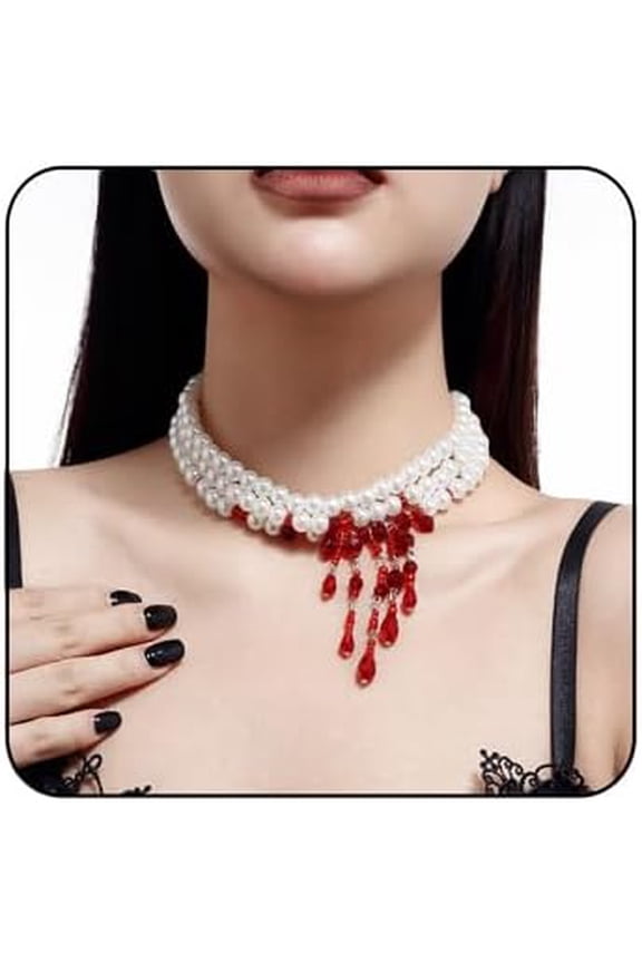 Gothic Blood Drop Pearl Necklace for Women Multi - Layer White Pearl Choker Red Crystal Tassels Dripping Blood Necklace Vampire Choker Necklace Vintage Punk Style Jewelry for Halloween Costume