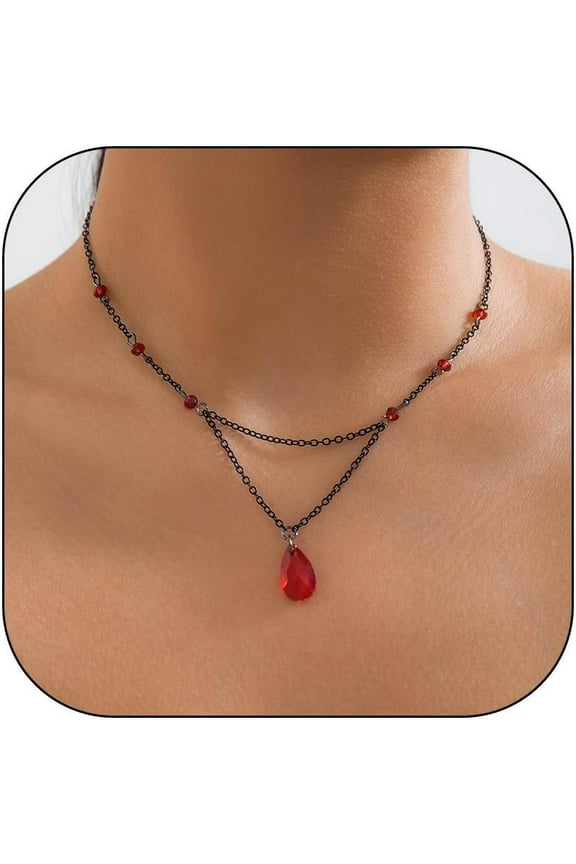 Gothic Blood Necklace Vampire Necklace Costume Black/Red Crystal Teardrop Lariat Charm Necklace Halloween Cosplay Goth Jewelry
