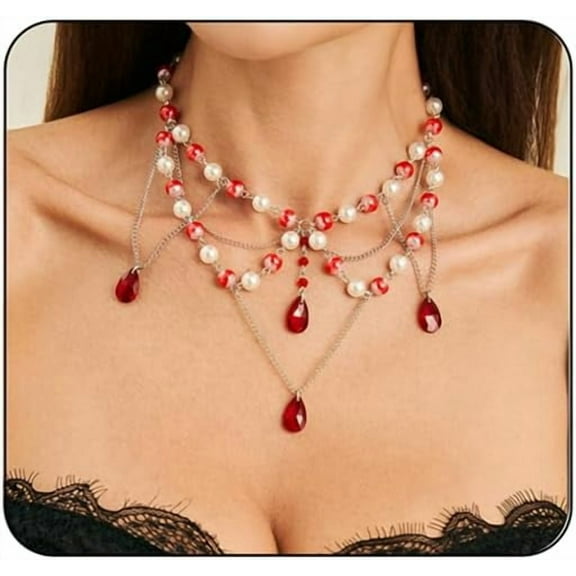 Gothic Blood Pearl Necklace for Women, Adjustable Dripping Blood Choker Layered Bleeding Pearls Necklaces Punk Bloody Tassel Clavicle Halloween Jewelry