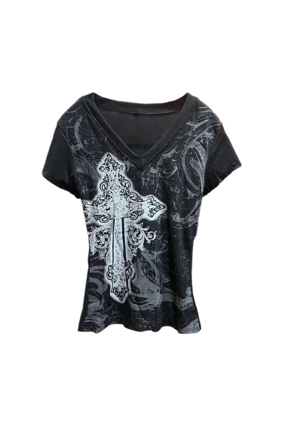 Gothic Blouse For Women Graphic Tee Print Short Sleeve Casual T Shirt For Soft Blend Top Trendy Flowy Tees