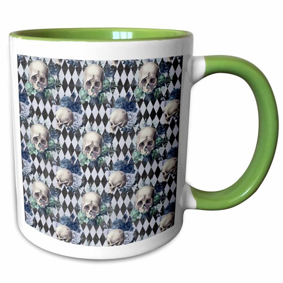 3drose, Gothic Blue and White Floral Skulls on a Diamond Background Pattern, 15oz Two-tone Green Mug