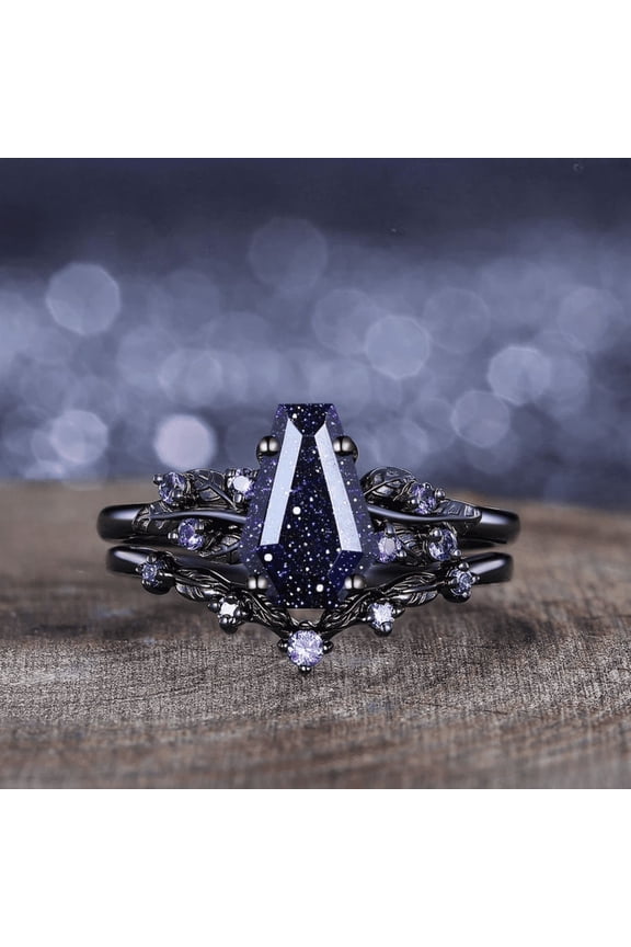 Gothic Blue Sandstone Engagement Ring Set- Blue Sandstone Stacking Ring Vine Leaf Ring- Unique Women Bridal Promise Amethyst Wedding Band