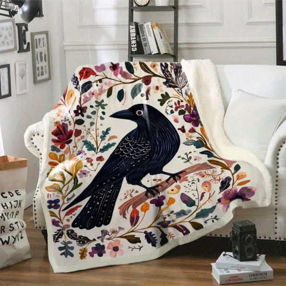 Gothic Bohemian Dark Academia Blanket with Ravens & Botanical Foliage, All-Season Soft Durable Bedspread for Bed or Couch in Golden & Dark Tones
