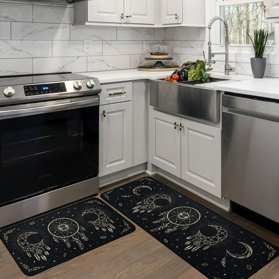Gothic Boho Kitchen Mats for Floor, Moon Phase Goth Kitchen Rugs Set of 2 Carpet Area Rug, Boho Witch Witchy Halloween Kitchen Decor and Accessories Stuff, 17x30 and 17x47 Inch, Gold Black
