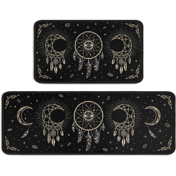 Gothic Boho Kitchen Mats for Floor, Moon Phase Goth Kitchen Rugs Set of 2 Carpet Area Rug, Bohemian Witch Witchy Halloween Kitchen Decor and Accessories Stuff, 17x30 and 17x47 Inch, Gold Black