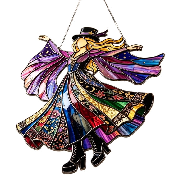 Gothic Boho Witch Wall Art Ornament, Handmade Stained Glass Dancing Witch Window Spinner Suncatcher