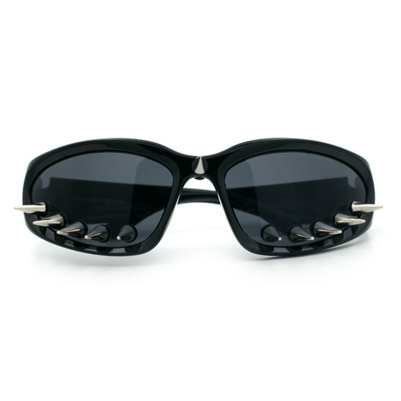 Gothic Bold Edgy Thorn Stud 90s Sporty Wrap Plastic Punk Sunglasses Black