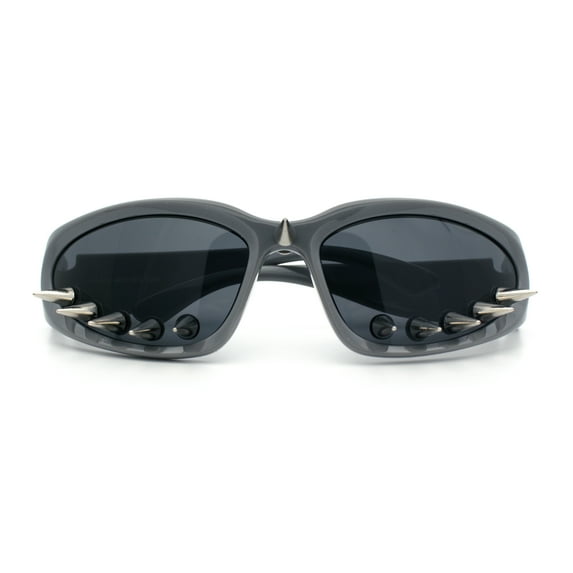 Gothic Bold Edgy Thorn Stud 90s Sporty Wrap Plastic Punk Sunglasses Grey
