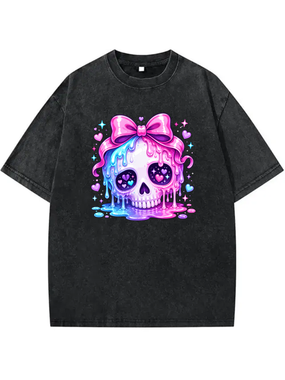 Gothic Bone Face with Bow and Hearts Graphic Vintage Oversized Washed Short Sleeve Crewneck Cotton Men's Women's Tee Shirt