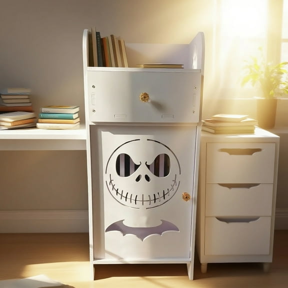 Gothic Bookcase & Storage Shelf with Face Design, Officially Licensed Plastic Bookshelf with Doors & Golden Hinges, Easy Assembly