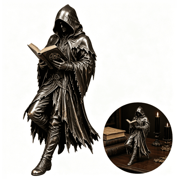 Gothic Bookshelf Grim Reaper Figurine, Dark Fantasy Goth Decor Sculpture, Hand Polished Alloy Halloween Ornament For Bookshelf, Vintage Rubbed Brass Finish Spooky Indoor(Skeleton Scholar)
