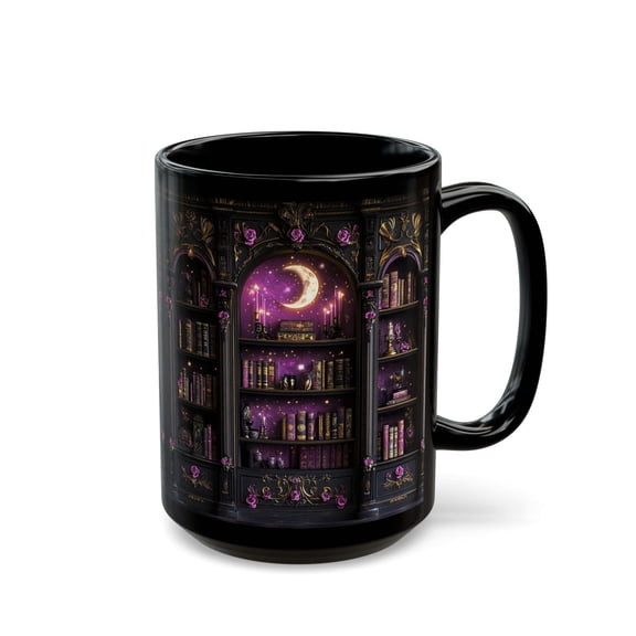 Gothic Bookshelf Mug Dark Academia Coffee Cup with Moon Candles & Purple Library Aesthetic