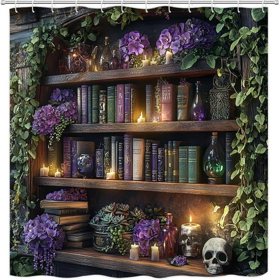 Gothic Bookshelf Shower Curtain Antique Stone Wall Spooky Skull Magic Bookcase Purple Rose Floral Green Vine Plant Halloween Bathroom Decor Curtain Sets with Hook-36"W x 72"L (Pack of 1)